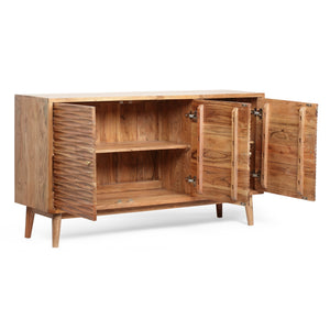 English Elm Christopher Knight Home® - SIDEBOARD Handcrafted 3-Door Natural Acacia Wood Boho Side Cabinet with Carved Texture & Storage 68732.00