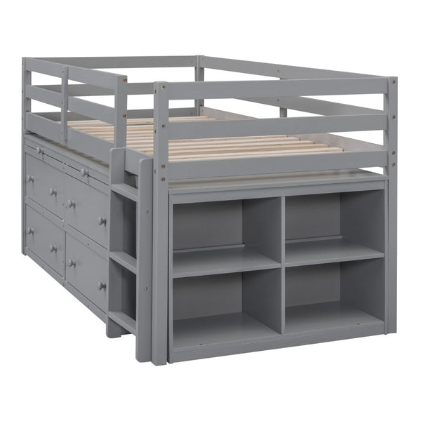 English Elm Twin Loft Bed Pinewood Frame Four Drawers Retractable Study Desk Kids Bedroom Gray LT000368AAE