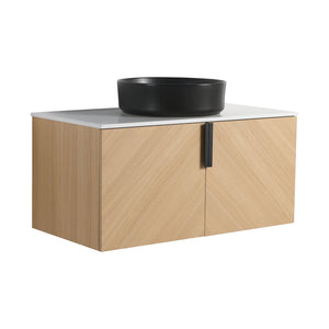 English Elm 36" Bathroom Vanity With Ceramic Vessel Sink & White Stone Top - Modern Wall-Mounted Design, Soft-Close Doors W999S00449