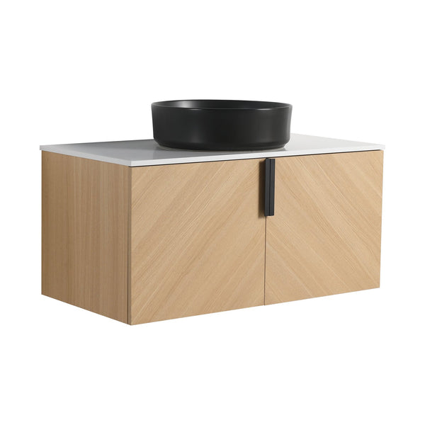 English Elm 36" Bathroom Vanity With Ceramic Vessel Sink & White Stone Top - Modern Wall-Mounted Design, Soft-Close Doors W999S00449