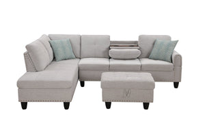 English Elm Black Faux Leather Sectional Sofa with Cup Holders Storage Ottoman and Nailhead Trim Light Gray B2730S00023