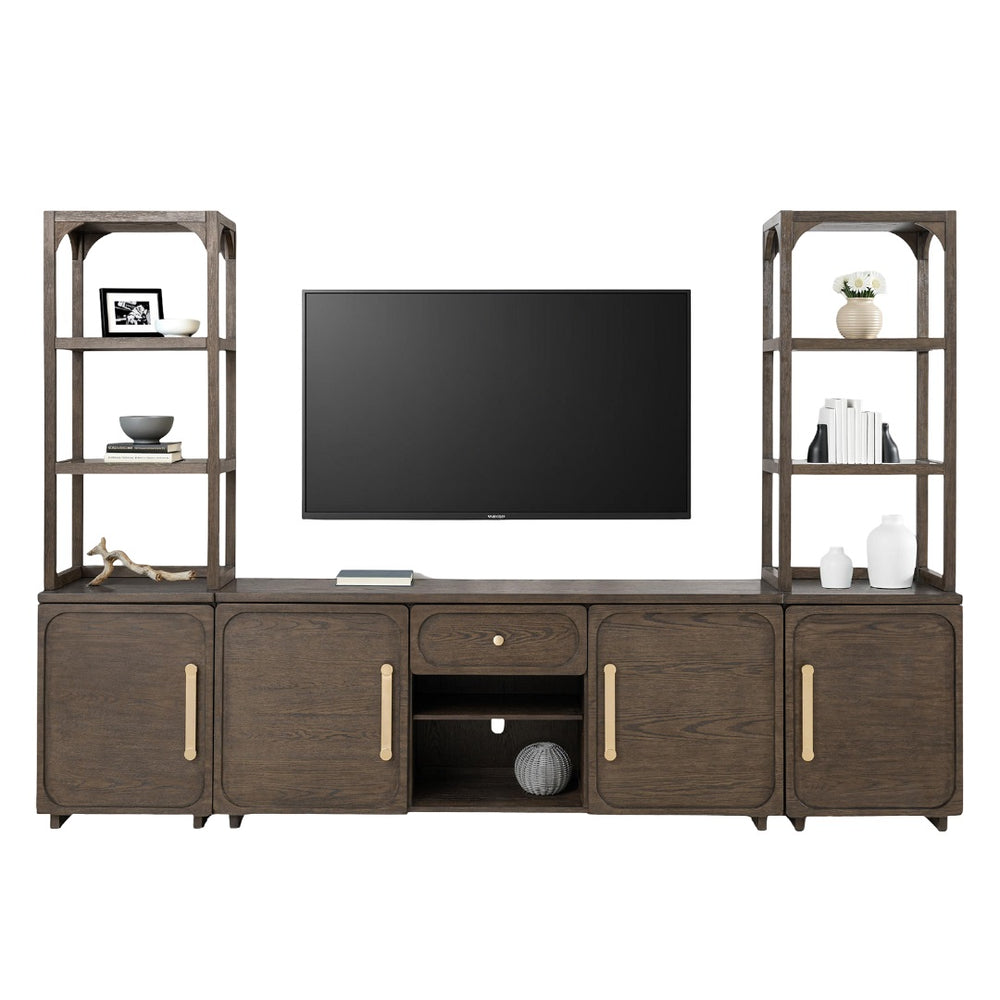 English Elm Transitional Vellara Entertainment Center Dark Walnut Finish 118"W x 78"H Recessed Panels, Gold Handles B2741S00692