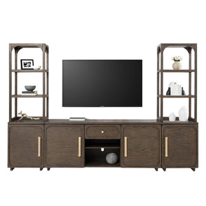 English Elm Transitional Vellara Entertainment Center Dark Walnut Finish 118"W x 78"H Recessed Panels, Gold Handles B2741S00692