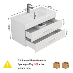 English Elm 36-Inch Modern Wall-Mounted Bathroom Vanity With Soft-Close Drawers & Glossy White Ceramic Sink W3151S00050