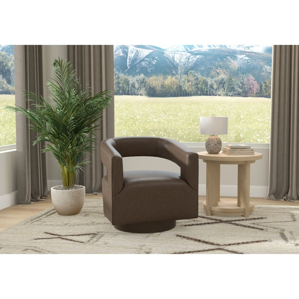 English Elm Brown Swivel Accent Chair Wraparound Geometric Cutout Textured Fabric Living Room Seat Dark Brown B2709P474409