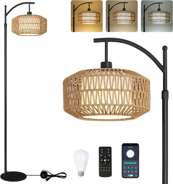 English Elm Arc Floor Lamp - Dimmable Rattan Arc Light With Remote & Led Bulb, Stylish Mid-Century Decor For Any Room W2738P185427