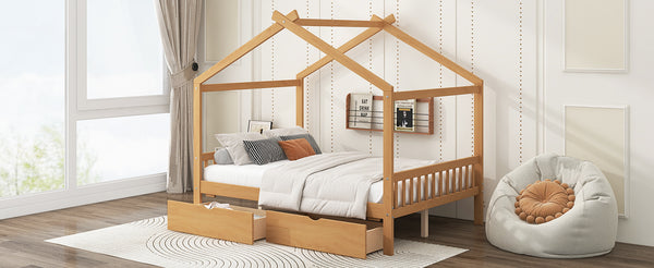English Elm Full House Platform Bed with Roof Design and Two Drawers, Pine/MDF Durable Frame, Kid-Friendly Cozy Finish Natural WF292923AAD