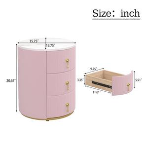 English Elm Upholstered Rounded Nightstand with 3 Spacious Drawers, Marbled Top and Metal Handles, Fully Assembled Pink 24 L x 19.5 W x 18.89 H N733P272609H