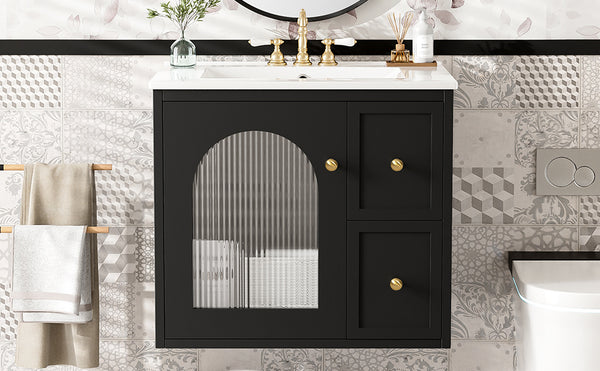English Elm 24" Modern Wall-Mount Bathroom Vanity with Ceramic Sink, Glass Door Cabinet, 2 Drawers, Soft-Close Black N710P286704B