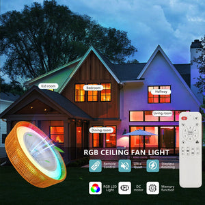 English Elm 21" Modern Rustic Ceiling Fan Light with Rope Woven Shade, LED RGB Dimmable, Quiet DC Motor, Remote Control W1340P246413