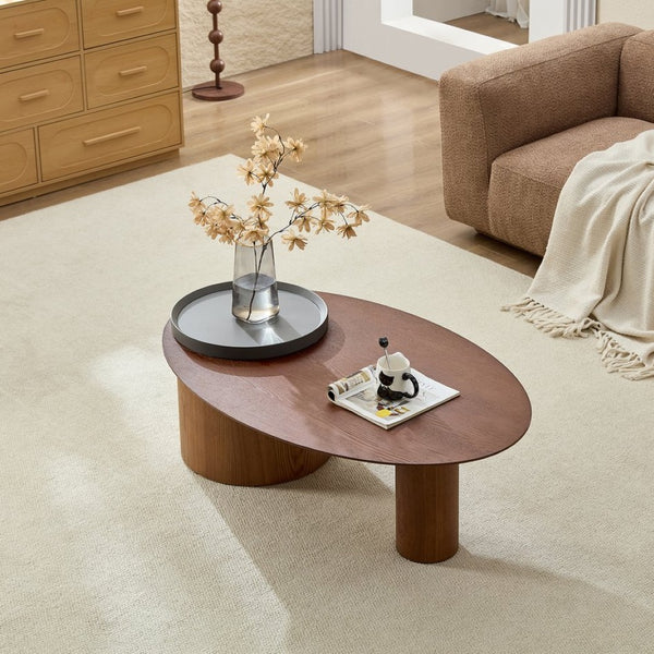 English Elm Modern Oval Ash Veneer Coffee Table with Hidden Storage for Minimalist Living Rooms Grey,Walnut W2085S00104