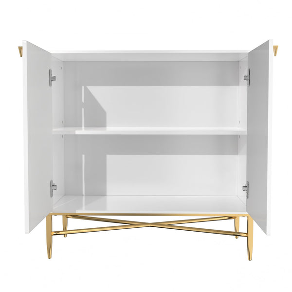 English Elm 2 Door White Locker Accent Cabinet with Gold Spindle Legs, Diamond Ripple Doors, Adjustable Shelves, Modern Storage Elegance T3609P347437