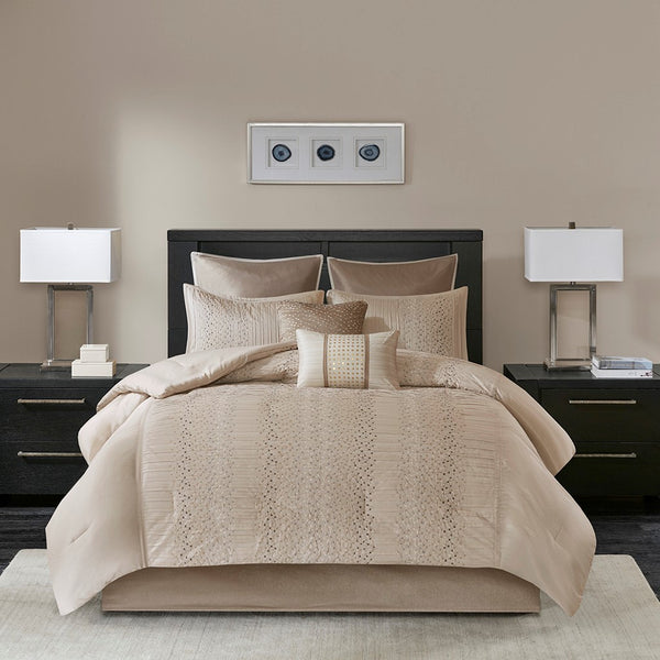 English Elm 8 Piece Comforter Set For California King Bed - Luxurious Faux Silk & Embroidered Geometric Design B03597013