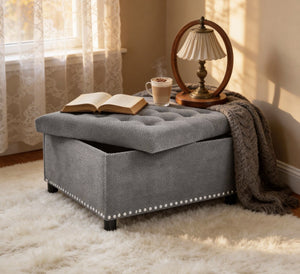 English Elm Storage Ottoman Tufted Nailhead Trim Lift Top Footstool for Living Room or Bedroom Light Gray W5568P447080