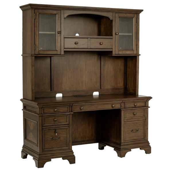 English Elm Stigham Burnished Oak 5-Drawer Credenza & Hutch Set - Elegant Workspace With Power & Storage Solutions B062S00801-GIGA