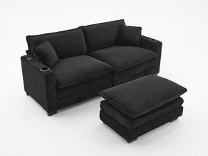 English Elm L Shape Sofa Couch With Usb Charging, Cup Holder, Stylish Corduroy Fabric, Compact 2-Seater With Ottoman W2100S00139