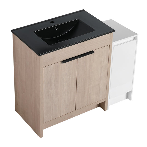 English Elm 42 Inch Freestanding Bathroom Vanity With Black Ceramic Sink & Ample Storage, Soft-Close Doors W999S00305