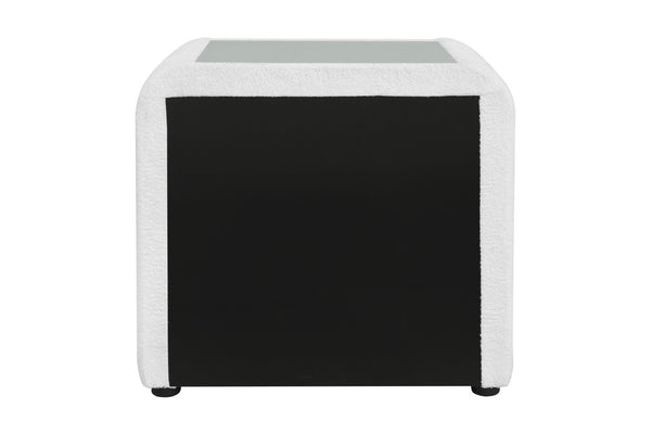 English Elm Shelyn Teddy Sherpa Upholstered Nightstand with Glass Top and Crystal Knob Hardware White B2756P495789