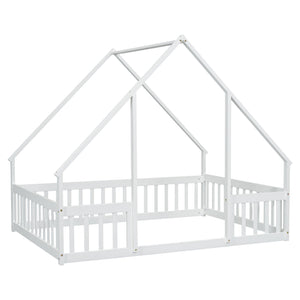 English Elm Full House-Shaped Floor Bed with Fence and Guardrails, Pine Wood Play Loft for Imaginative Kids Retreat White W504P143294