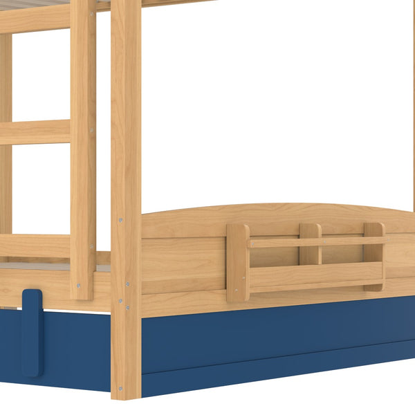 English Elm Queen Bunk Bed with Trundle Solid Pine Kids Car Themed Frame Built-in Bookshelf Blue,Natural W1580S00447