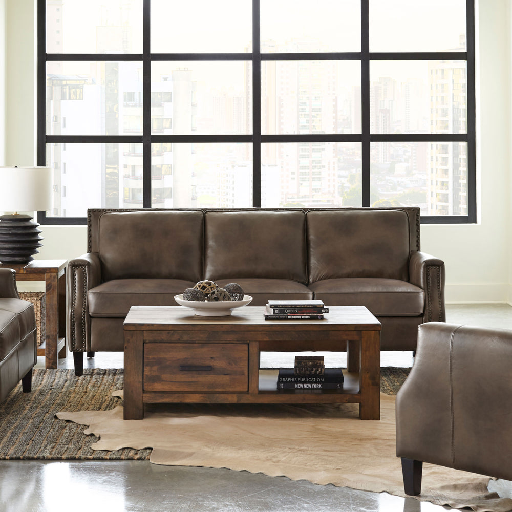 English Elm Gunderson Brown Sugar Top Grain Leather Sofa with Hammered Brass Nailheads, Track Arms, 83" Wide B062P357809