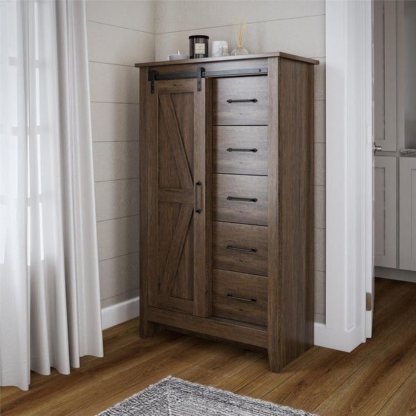 English Elm Alton Farmhouse Chest with Sliding Barn Door Five Drawers and Matte Black Hardware Walnut B2733S00015