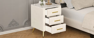 English Elm Upholstered Velvet Nightstand with Faux Marble Top Three Drawers and Slim Metal Legs Beige N733P208520A