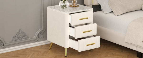 English Elm Upholstered Velvet Nightstand with Faux Marble Top Three Drawers and Slim Metal Legs Beige N733P208520A