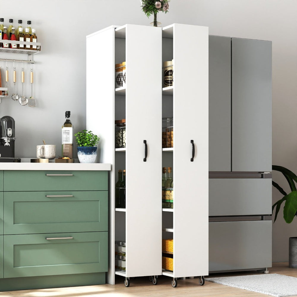English Elm Bookcase Tower with Pull Out Hidden Shelves on Wheels for Office or Bedroom W331P379776