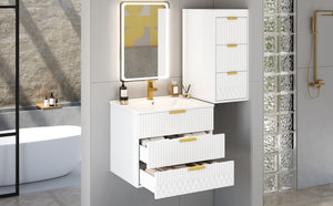 English Elm 24inch Bathroom Vanity with Sink - Wall-Mounted Floating Combo with Ceramic Basin, Modern L-Handle Design White N710S324097K