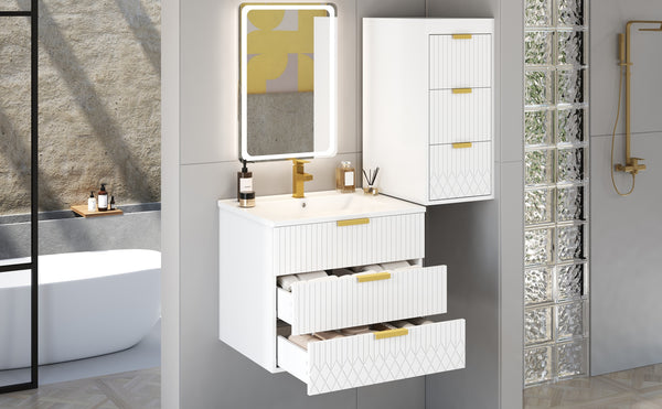 English Elm 24inch Bathroom Vanity with Sink - Wall-Mounted Floating Combo with Ceramic Basin, Modern L-Handle Design White N710S324097K