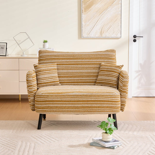 English Elm Modern tufted two-seater sofa with boucle upholstery, tapered legs, storage pockets, cozy compact design Mustard yellow W395P376588