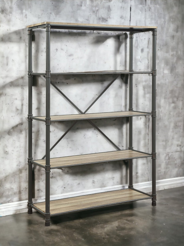 English Elm Itzel Industrial Steel Frame Bookshelf with Warm Oak Veneer Shelves for Home Office B2726P256219