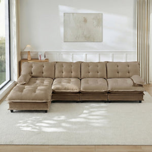 English Elm 138" Chenille Modular Cloud Sectional with Ottoman Deep Seat Lounge Sofa for Apartments Light Coffee W714S01715