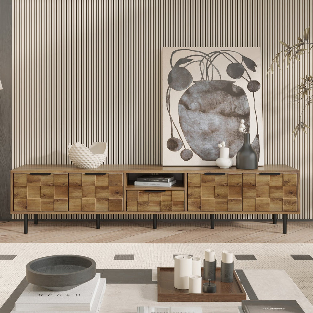 English Elm 78" TV Stand Checkered Natural Wood Finish with Soft-Close Doors, Deep Drawer & Open Shelf Storage N710P293272P