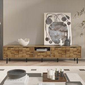 English Elm 78" TV Stand Checkered Natural Wood Finish with Soft-Close Doors, Deep Drawer & Open Shelf Storage N710P293272P