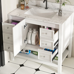 English Elm Modern 37" Bathroom Vanity With Carrara White Top - Sleek, Functional Storage & Easy Assembly! W509S00136
