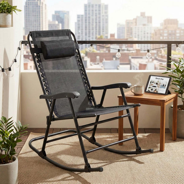 English Elm Patio Folding Rocking Chairs Set of 2 with Mesh Seat and Adjustable Headrest W5159P451092