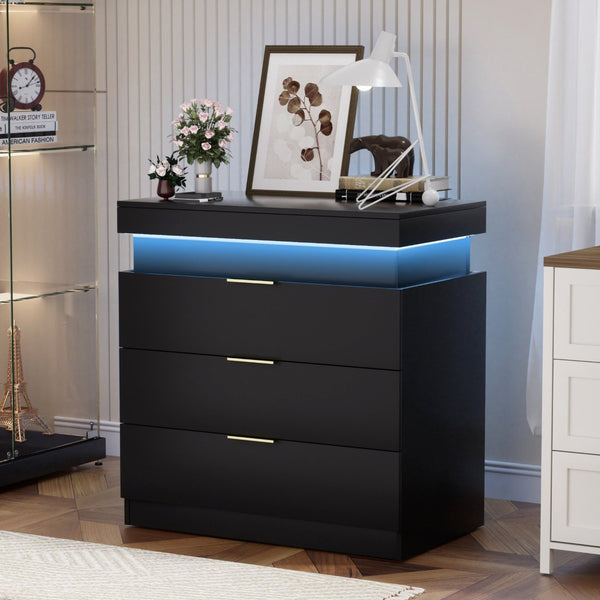 English Elm Nightstand with Built-in Charging Station Rgb Led Lighting and Sliding Top Drawer Black W1162P246397