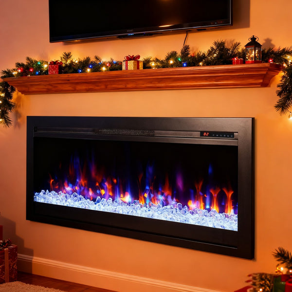 English Elm 44 Inch Recessed Electric Fireplace with Led Flame Heater and Remote for Living Rooms W1769P171421