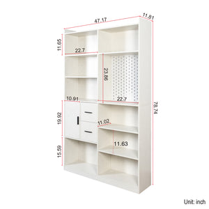English Elm Bookshelf 79" Tall 9-Shelf White Pegboard Bookcase with 3 Deep Drawers, Modern Wide Storage Unit W331P295438