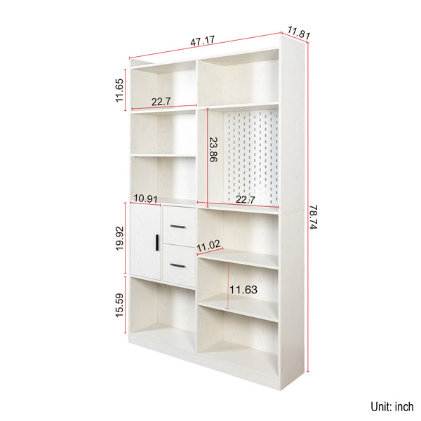 English Elm Bookshelf 79" Tall 9-Shelf White Pegboard Bookcase with 3 Deep Drawers, Modern Wide Storage Unit W331P295438