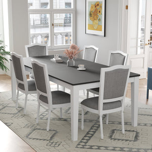 English Elm TOPMAX Rustic 7-Piece Solid Wood Extendable Dining Set with 18" Removable Leaf, 6 Upholstered Chairs, 2 Drawers Dark Gray,White SP000078AAE