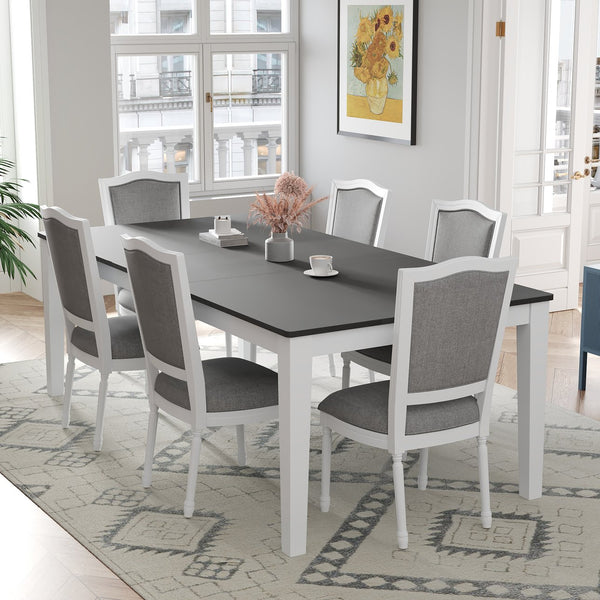 English Elm TOPMAX Rustic 7-Piece Solid Wood Extendable Dining Set with 18" Removable Leaf, 6 Upholstered Chairs, 2 Drawers Dark Gray,White SP000078AAE