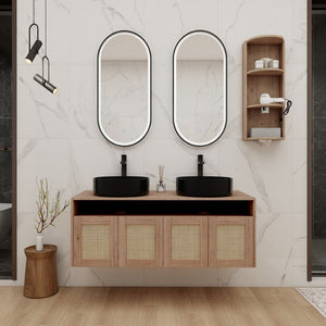 English Elm 48" Floating Bathroom Vanity Oak Finish Dual Ceramic Sinks Four Soft Close Doors W999S00505