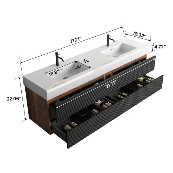 English Elm Galan 72 Inch Double Sink Vanity Fluted Wood Quartz Top Freestanding Bathroom Cabinet W1865S00172