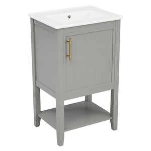 English Elm 20" Matte Freestanding Bathroom Vanity Rubberwood Cabinet Ceramic Sink Open Shelf Grey N725P391115E