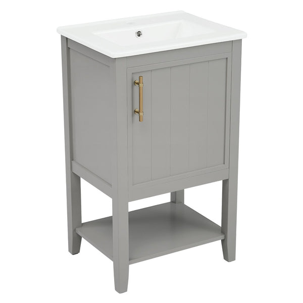 English Elm 20" Matte Freestanding Bathroom Vanity Rubberwood Cabinet Ceramic Sink Open Shelf Grey N725P391115E