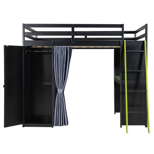 English Elm Full Size Wood Loft Bed with Wardrobe Desk Shelves Rgb Lighting and Blackout Curtains Black+Green LT000269AAF-1