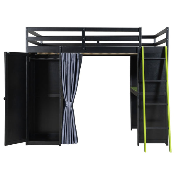 English Elm Full Size Wood Loft Bed with Wardrobe Desk Shelves Rgb Lighting and Blackout Curtains Black+Green LT000269AAF-1